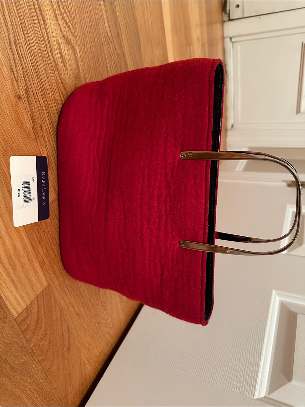 Ralph Lauren Red Felted wool tote w/Polished silvertone Metal Handle hardware